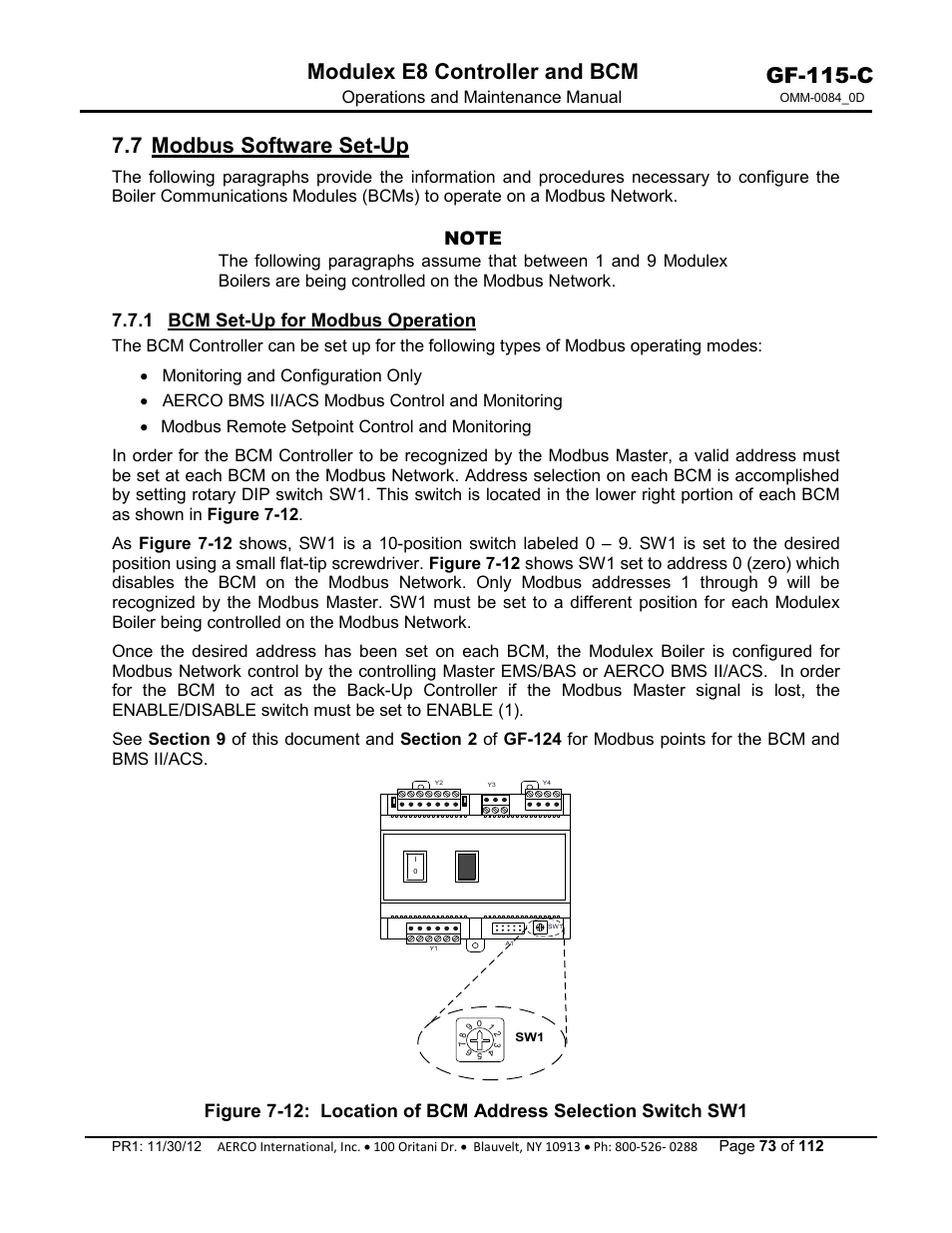 7 modbus software set-up, 1 bcm set-up for modbus operation, Gf-115-c | Modulex e8 controller and bcm | AERCO Modulex E8 Controls Guide User Manual | Page 73 / 112