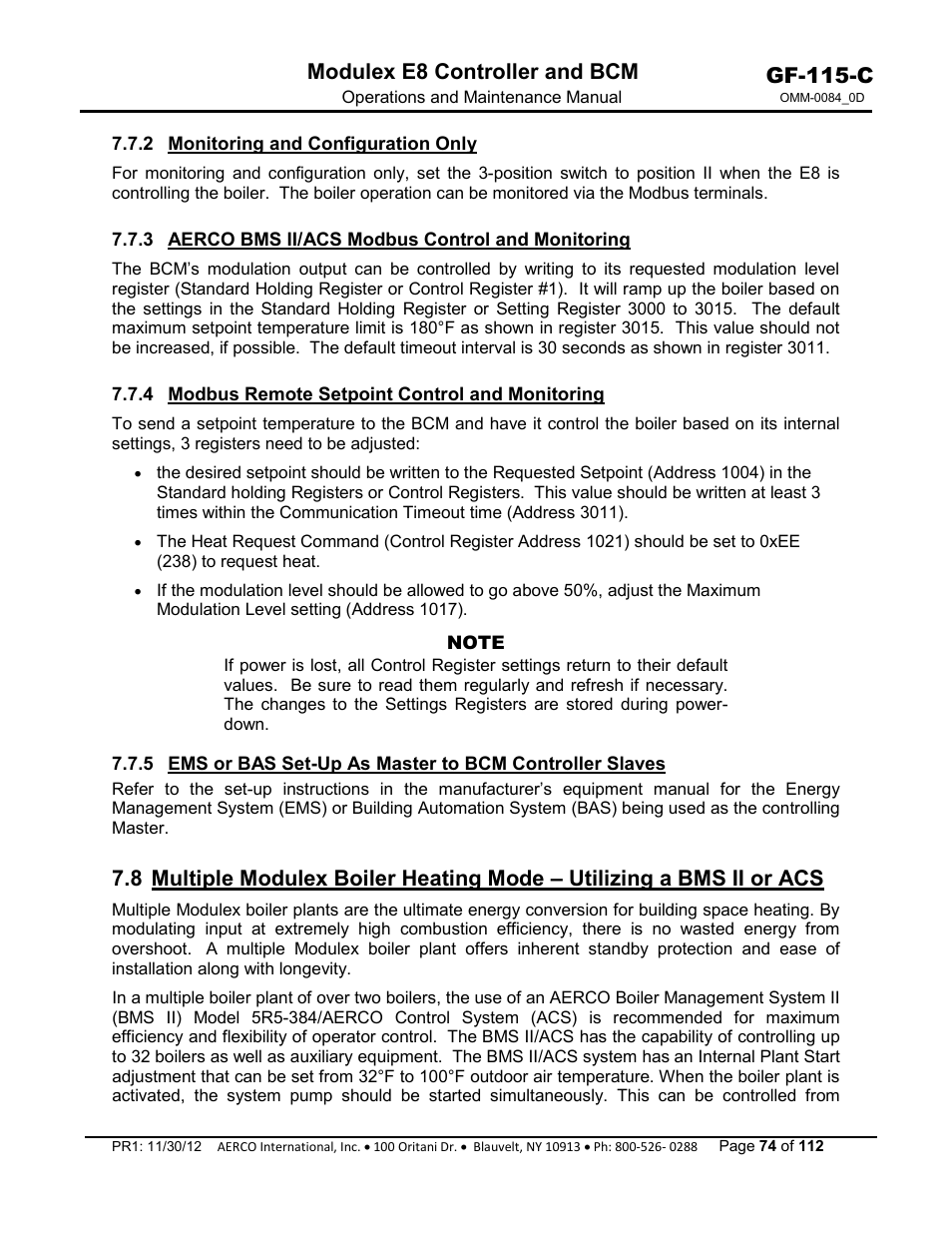 2 monitoring and configuration only, 3 aerco bms ii/acs modbus control and monitoring, 4 modbus remote setpoint control and monitoring | Gf-115-c, Modulex e8 controller and bcm | AERCO Modulex E8 Controls Guide User Manual | Page 74 / 112