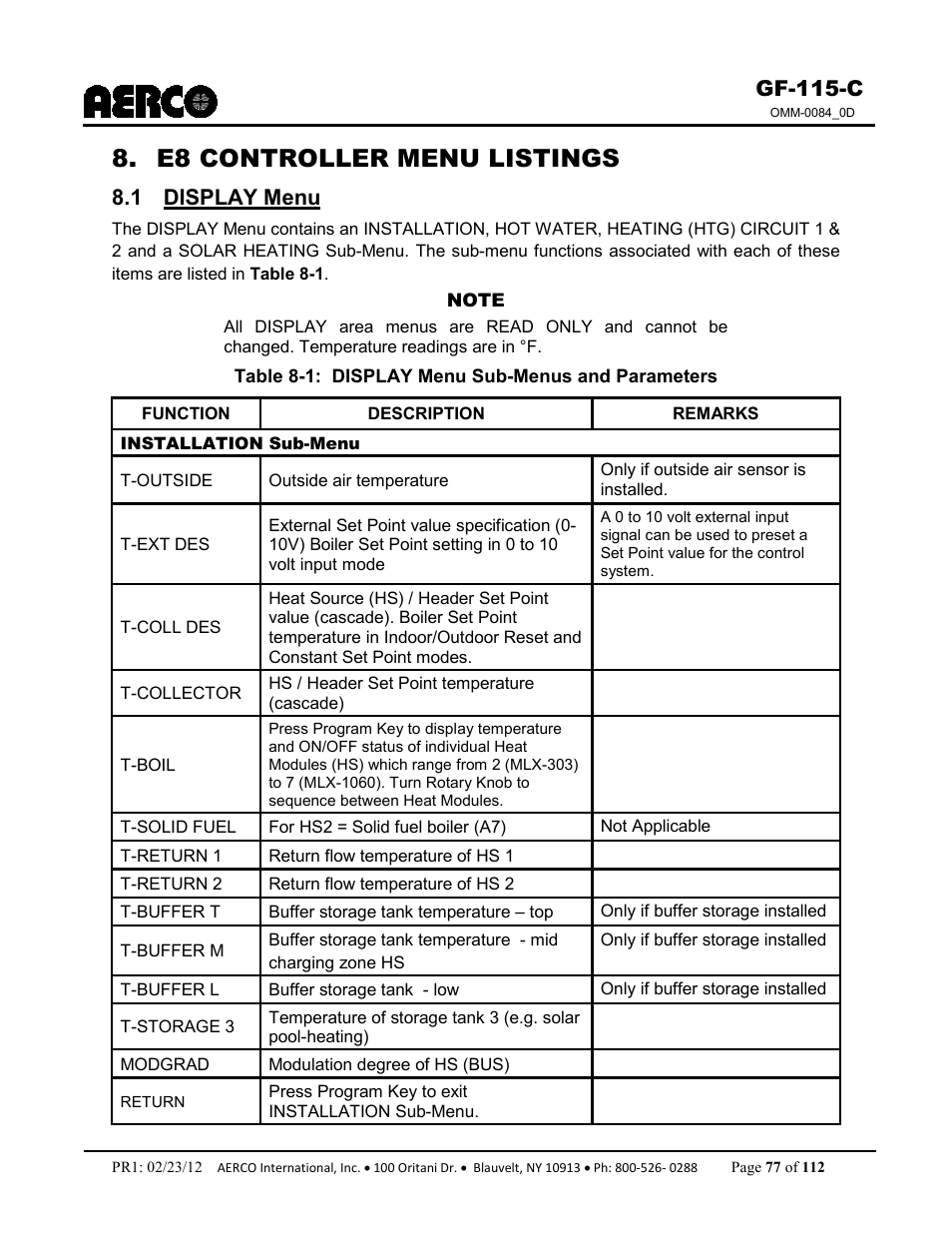 E8 controller menu listings, 1 display menu, Gf-115-c | AERCO Modulex E8 Controls Guide User Manual | Page 77 / 112