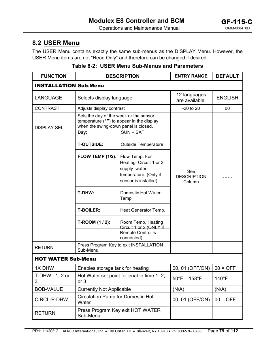 2 user menu, Gf-115-c, Modulex e8 controller and bcm | AERCO Modulex E8 Controls Guide User Manual | Page 79 / 112