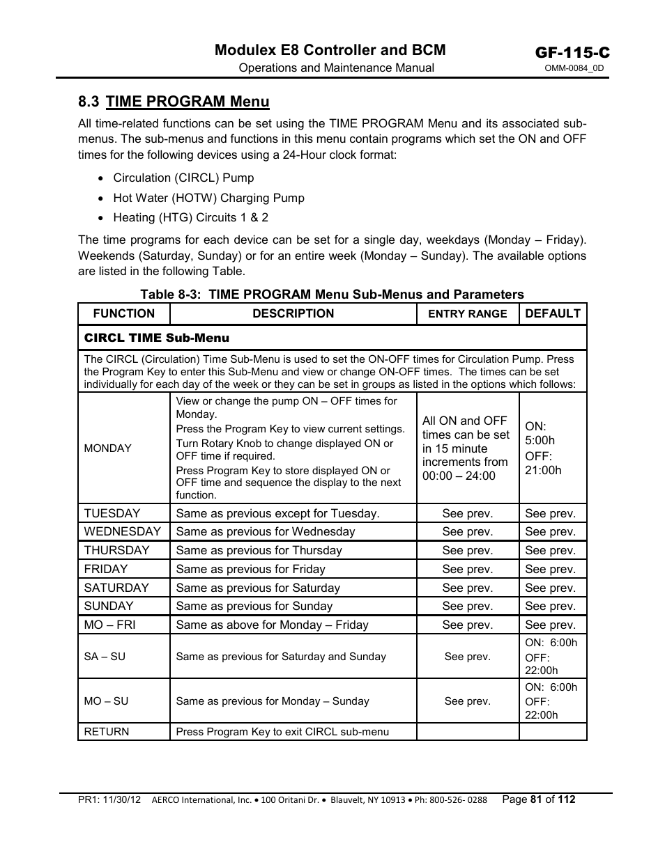 3 time program menu, Gf-115-c, Modulex e8 controller and bcm | AERCO Modulex E8 Controls Guide User Manual | Page 81 / 112