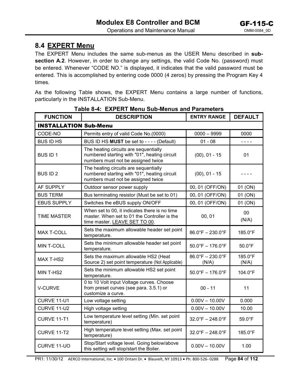 4 expert menu, Gf-115-c, Modulex e8 controller and bcm | AERCO Modulex E8 Controls Guide User Manual | Page 84 / 112