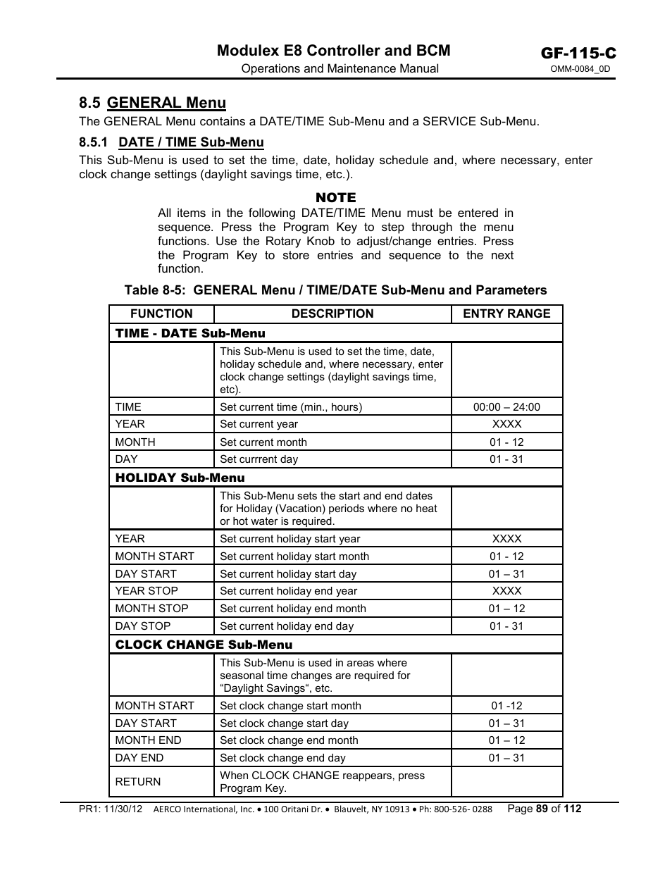 5 general menu, 1 date / time sub-menu, Gf-115-c | Modulex e8 controller and bcm | AERCO Modulex E8 Controls Guide User Manual | Page 89 / 112