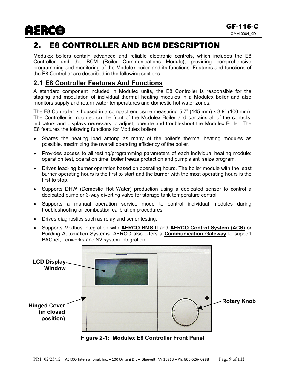 E8 controller and bcm description, 1 e8 controller features and functions, Gf-115-c | AERCO Modulex E8 Controls Guide User Manual | Page 9 / 112