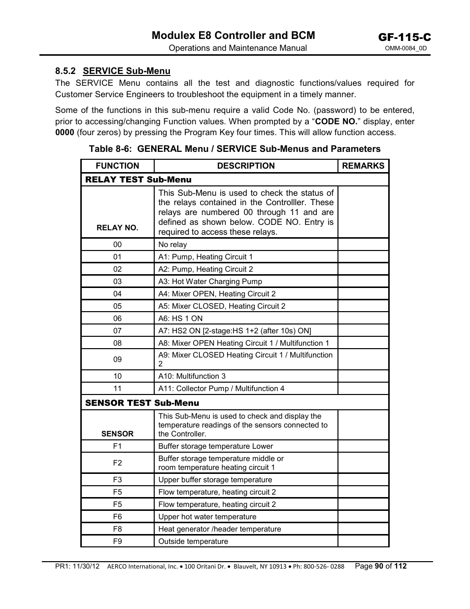 2 service sub-menu, Gf-115-c, Modulex e8 controller and bcm | AERCO Modulex E8 Controls Guide User Manual | Page 90 / 112