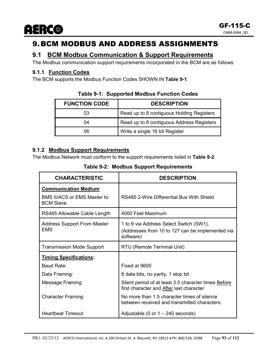 Bcm modbus and address assignments, 1 bcm modbus communication & support requirements, 1 function codes | 2 modbus support requirements, Gf-115-c | AERCO Modulex E8 Controls Guide User Manual | Page 93 / 112