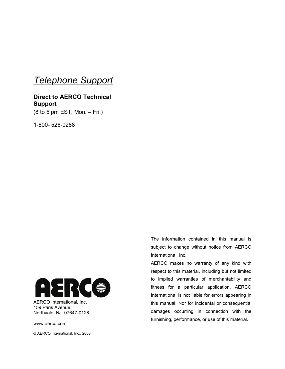 Telephone support | AERCO Modulex High Pressure Manual User Manual | Page 2 / 60