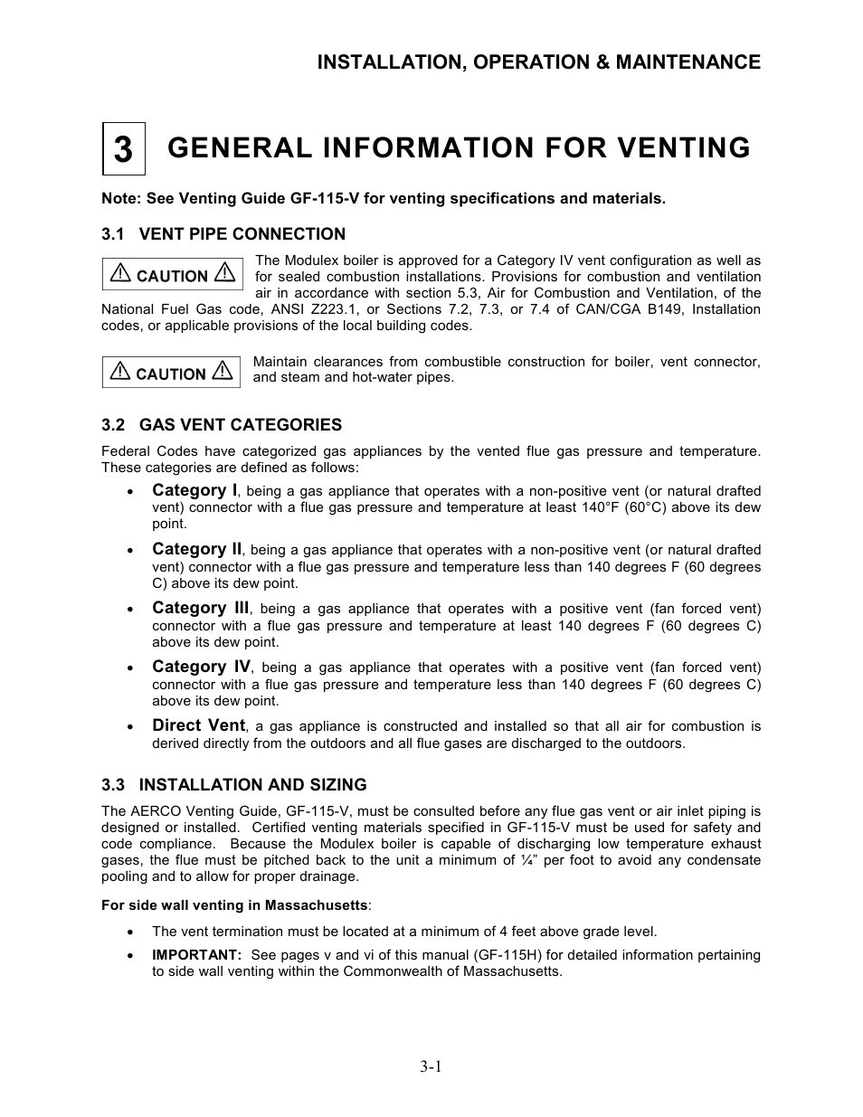 3 - general information for venting, 1 vent pipe connection, 2 gas vent categories | 3 installation and sizing, General information for venting, Installation, operation & maintenance | AERCO Modulex High Pressure Manual User Manual | Page 27 / 60