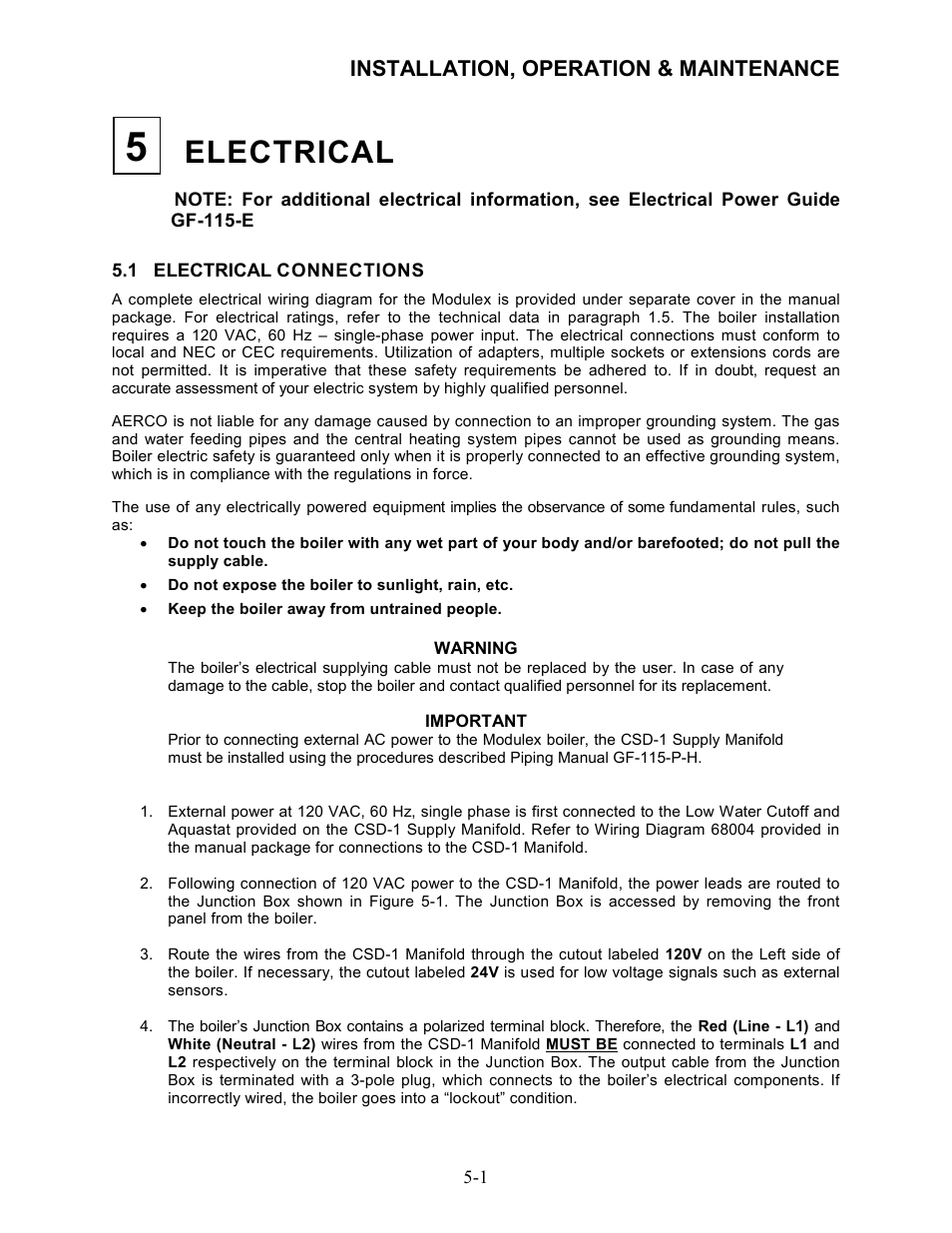 5 - electrical, 1 electrical connections, Electrical | Installation, operation & maintenance | AERCO Modulex High Pressure Manual User Manual | Page 31 / 60