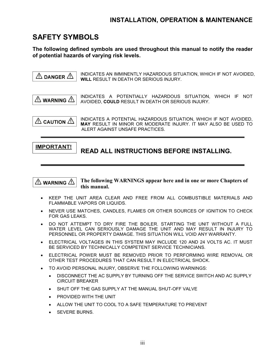 Safety symbols, Installation, operation & maintenance, Read all instructions before installing | AERCO Modulex High Pressure Manual User Manual | Page 5 / 60