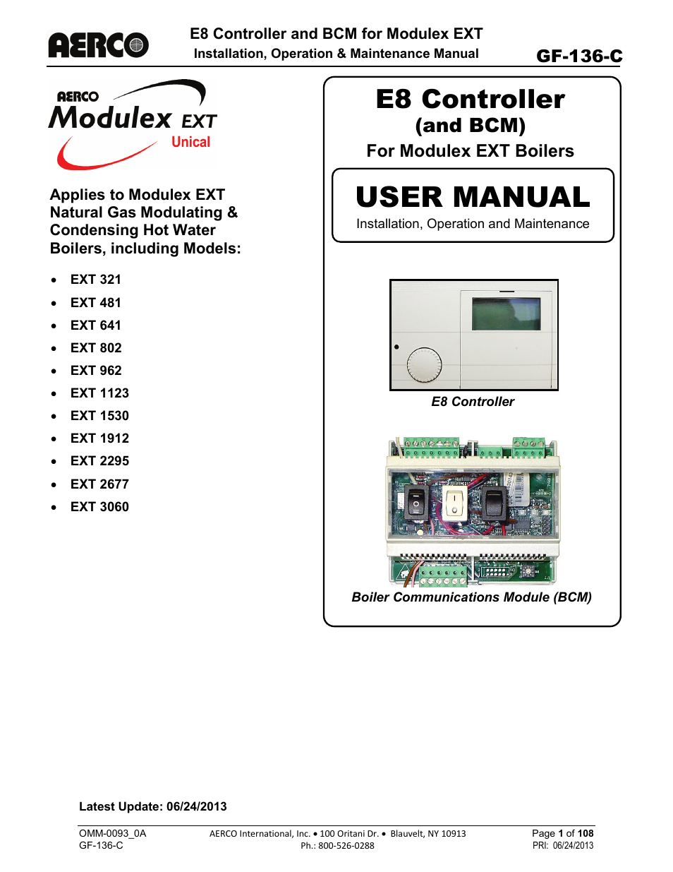 AERCO Modulex E8 Controller (and BCM) For Modulex EXT Boilers User Manual | 108 pages