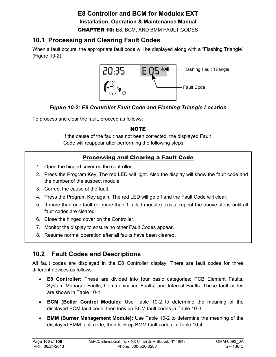1 processing and clearing fault codes, 2 fault codes and descriptions, E8 controller and bcm for modulex ext | AERCO Modulex E8 Controller (and BCM) For Modulex EXT Boilers User Manual | Page 100 / 108