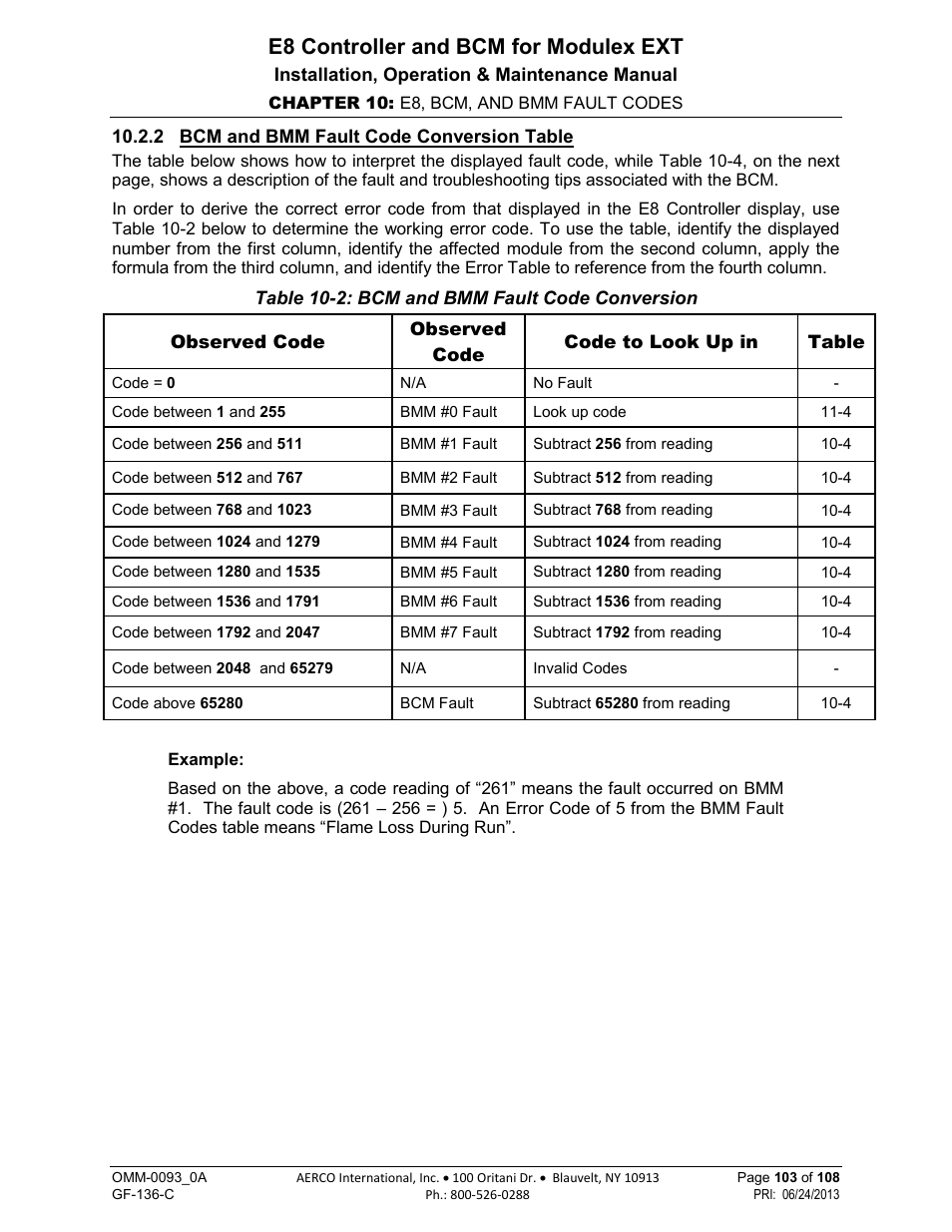 2 bcm and bmm fault code conversion table, E8 controller and bcm for modulex ext | AERCO Modulex E8 Controller (and BCM) For Modulex EXT Boilers User Manual | Page 103 / 108