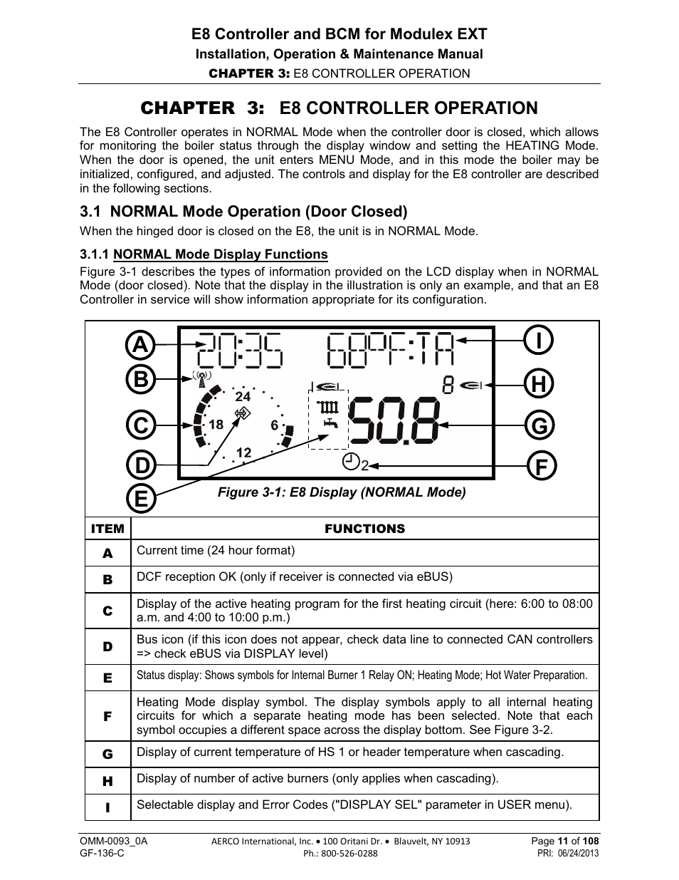 Chapter 3: e8 controller operation, 1 normal mode operation (door closed), 1 normal mode display functions | AERCO Modulex E8 Controller (and BCM) For Modulex EXT Boilers User Manual | Page 11 / 108