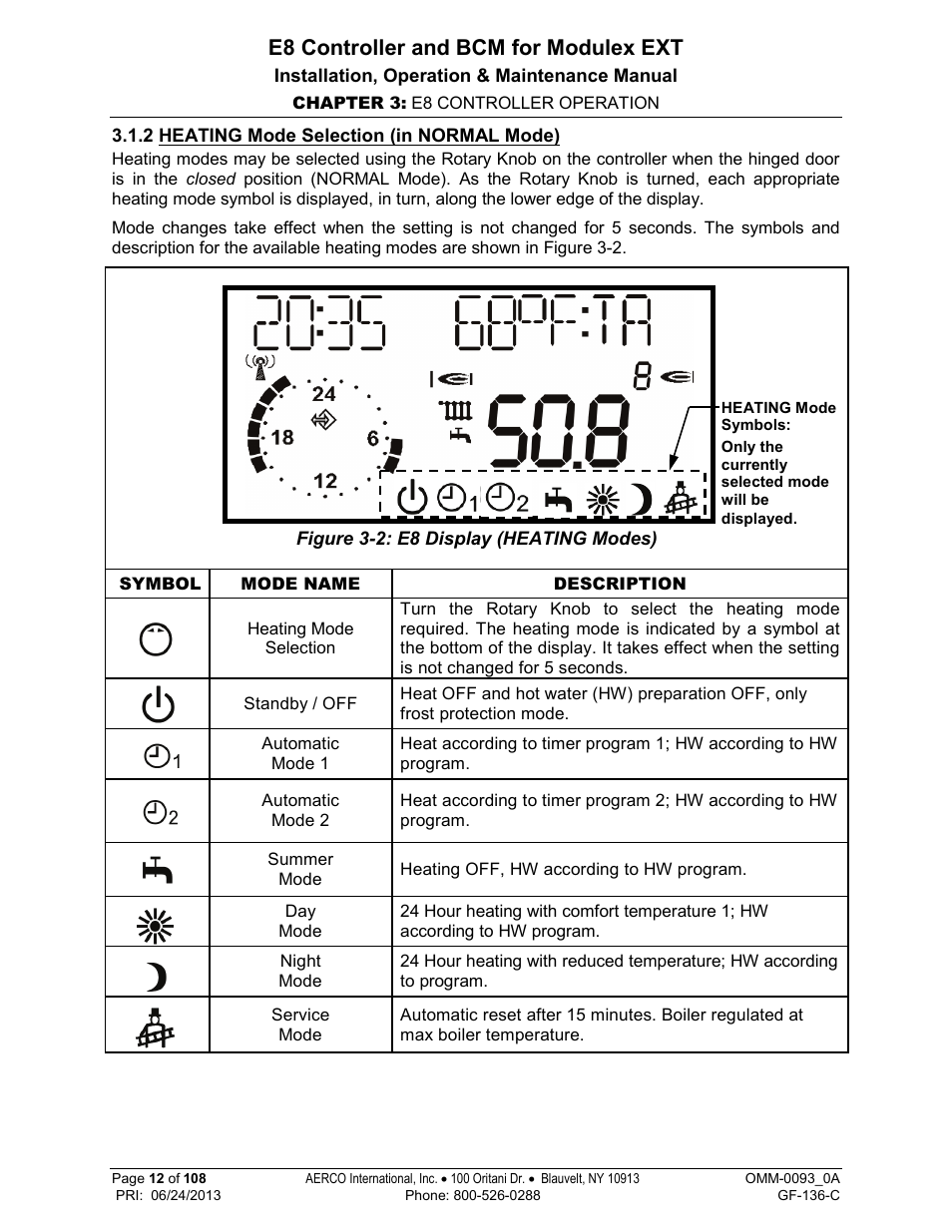 2 heating mode selection (in normal mode), E8 controller and bcm for modulex ext | AERCO Modulex E8 Controller (and BCM) For Modulex EXT Boilers User Manual | Page 12 / 108