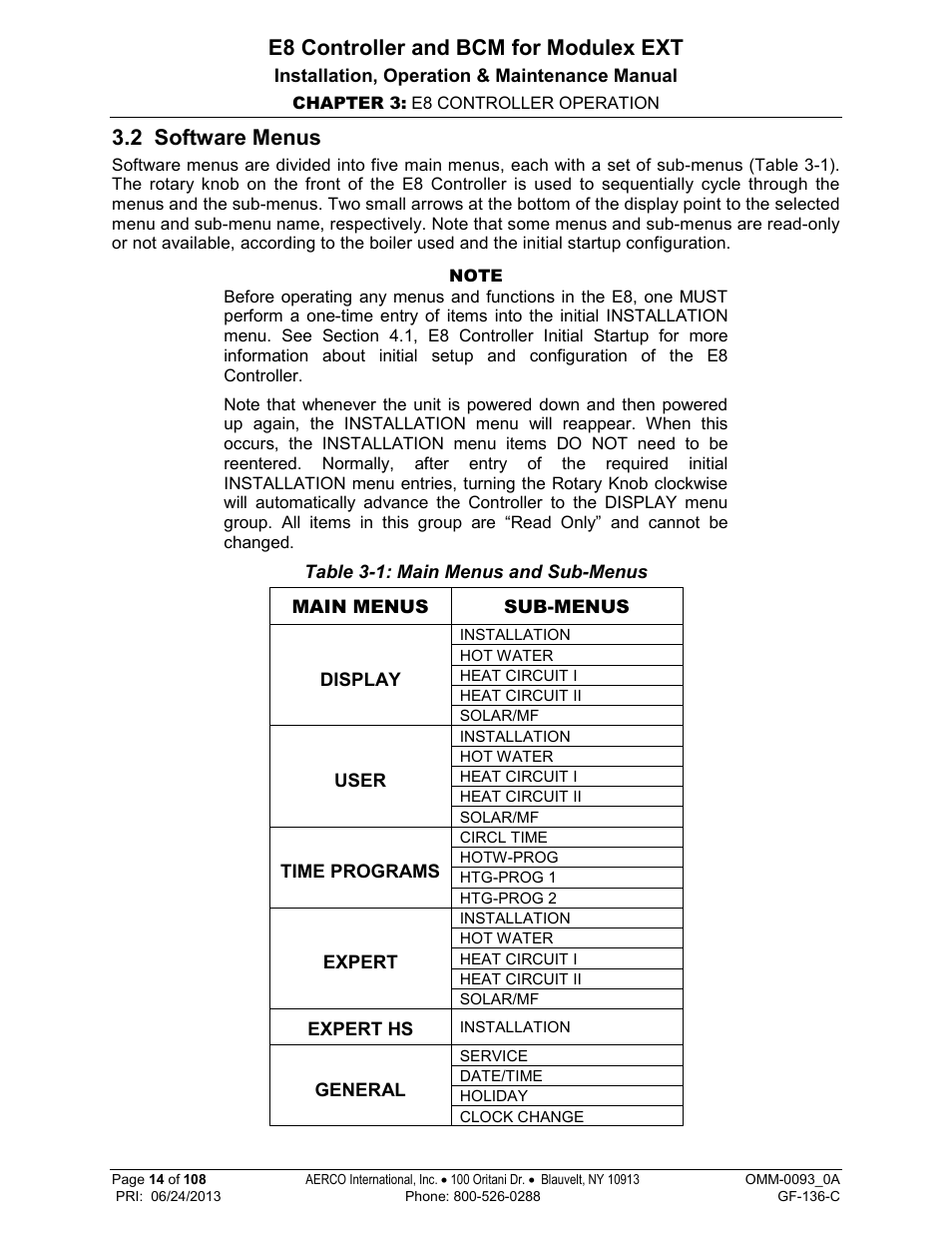 2 software menus, E8 controller and bcm for modulex ext | AERCO Modulex E8 Controller (and BCM) For Modulex EXT Boilers User Manual | Page 14 / 108