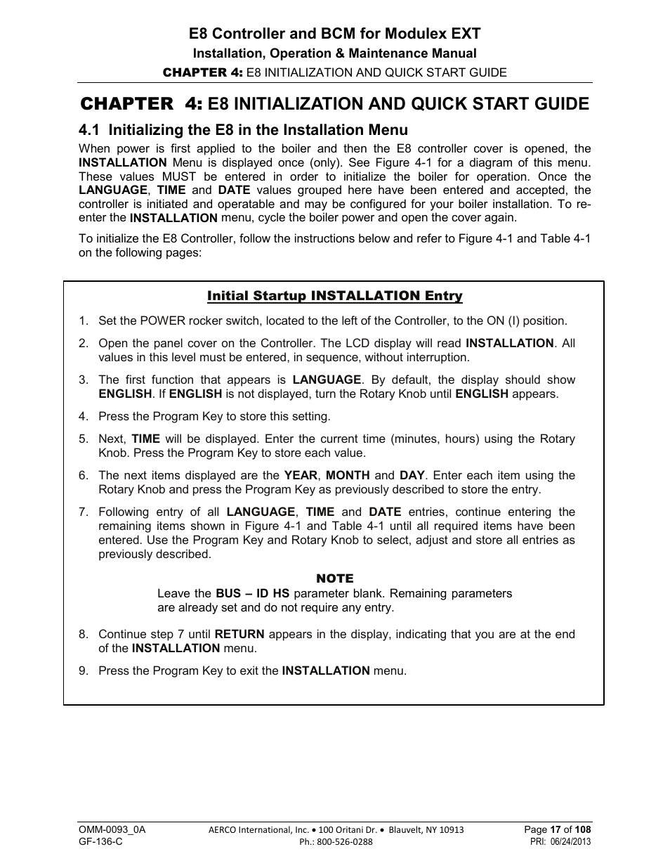 Chapter 4: e8 initialization and quick start guide, 1 initializing the e8 in the installation menu, E8 controller and bcm for modulex ext | AERCO Modulex E8 Controller (and BCM) For Modulex EXT Boilers User Manual | Page 17 / 108