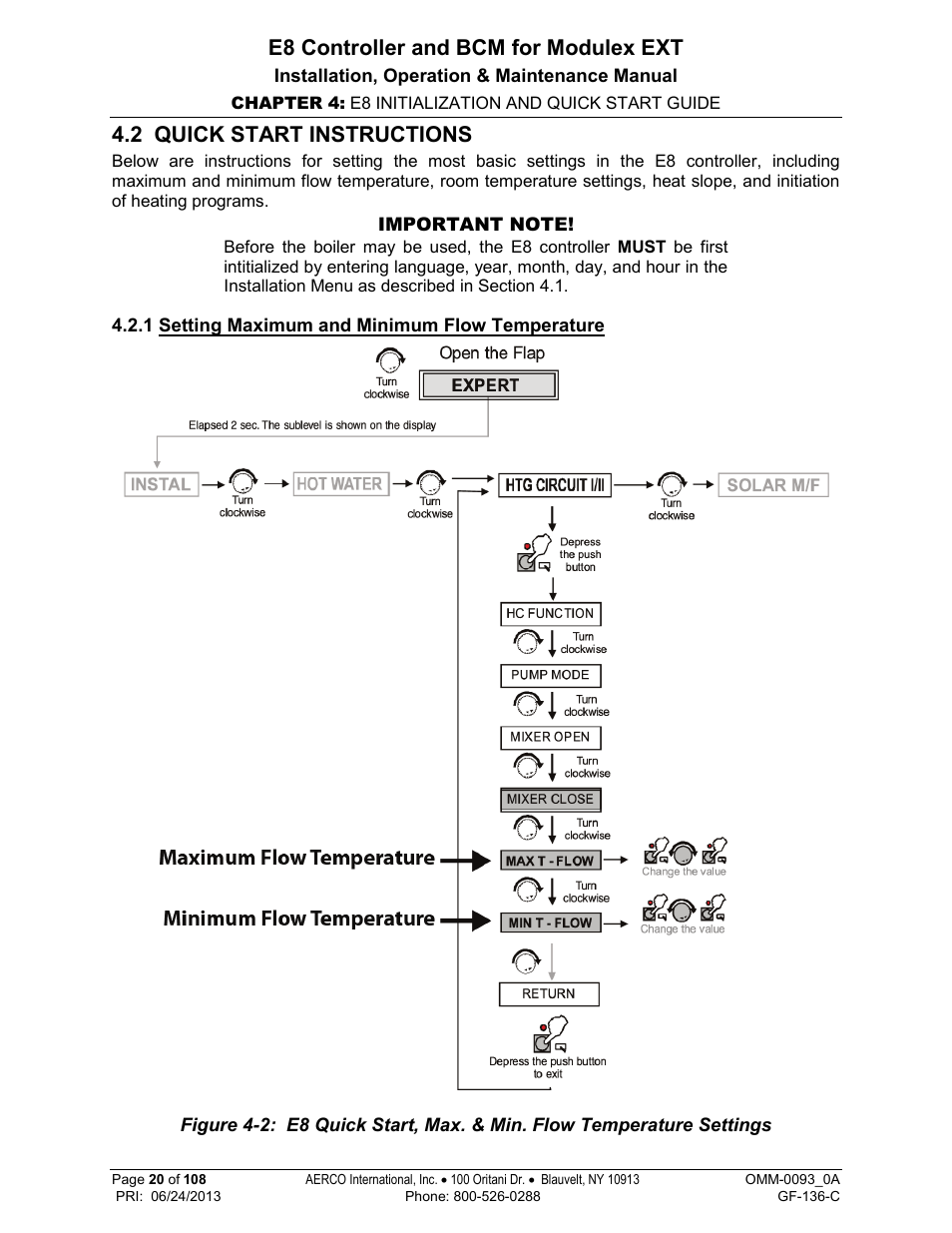 2 quick start instructions, 1 setting maximum and minimum flow temperature, E8 controller and bcm for modulex ext | AERCO Modulex E8 Controller (and BCM) For Modulex EXT Boilers User Manual | Page 20 / 108
