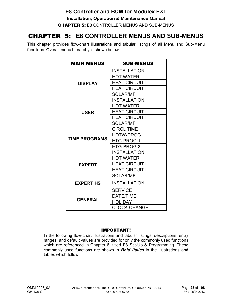 Chapter 5: e8 controller menus and sub-menus, E8 controller and bcm for modulex ext | AERCO Modulex E8 Controller (and BCM) For Modulex EXT Boilers User Manual | Page 23 / 108