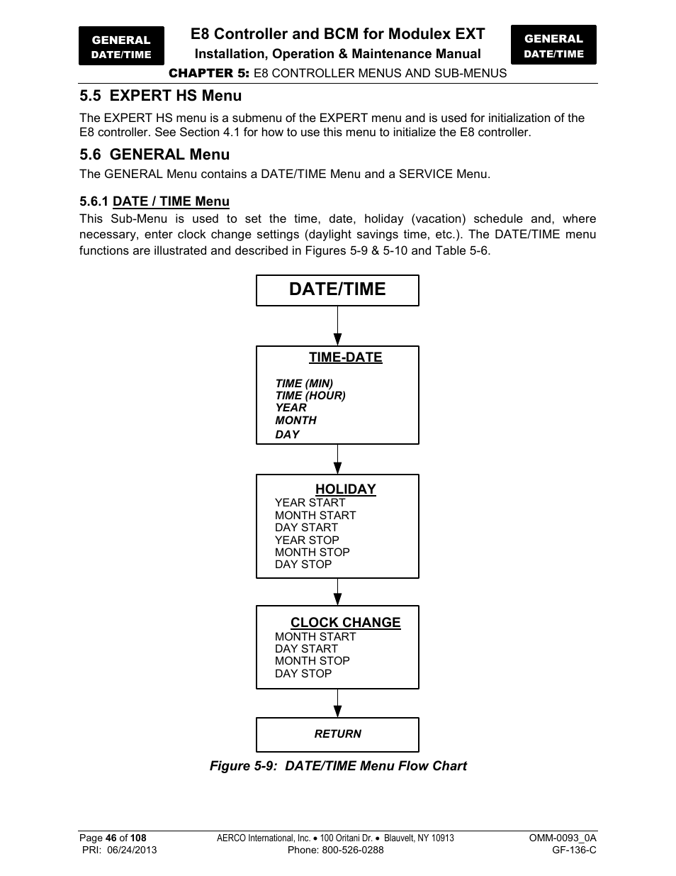 5 expert hs menu, 6 general menu, 1 date / time menu | Date/time, E8 controller and bcm for modulex ext | AERCO Modulex E8 Controller (and BCM) For Modulex EXT Boilers User Manual | Page 46 / 108