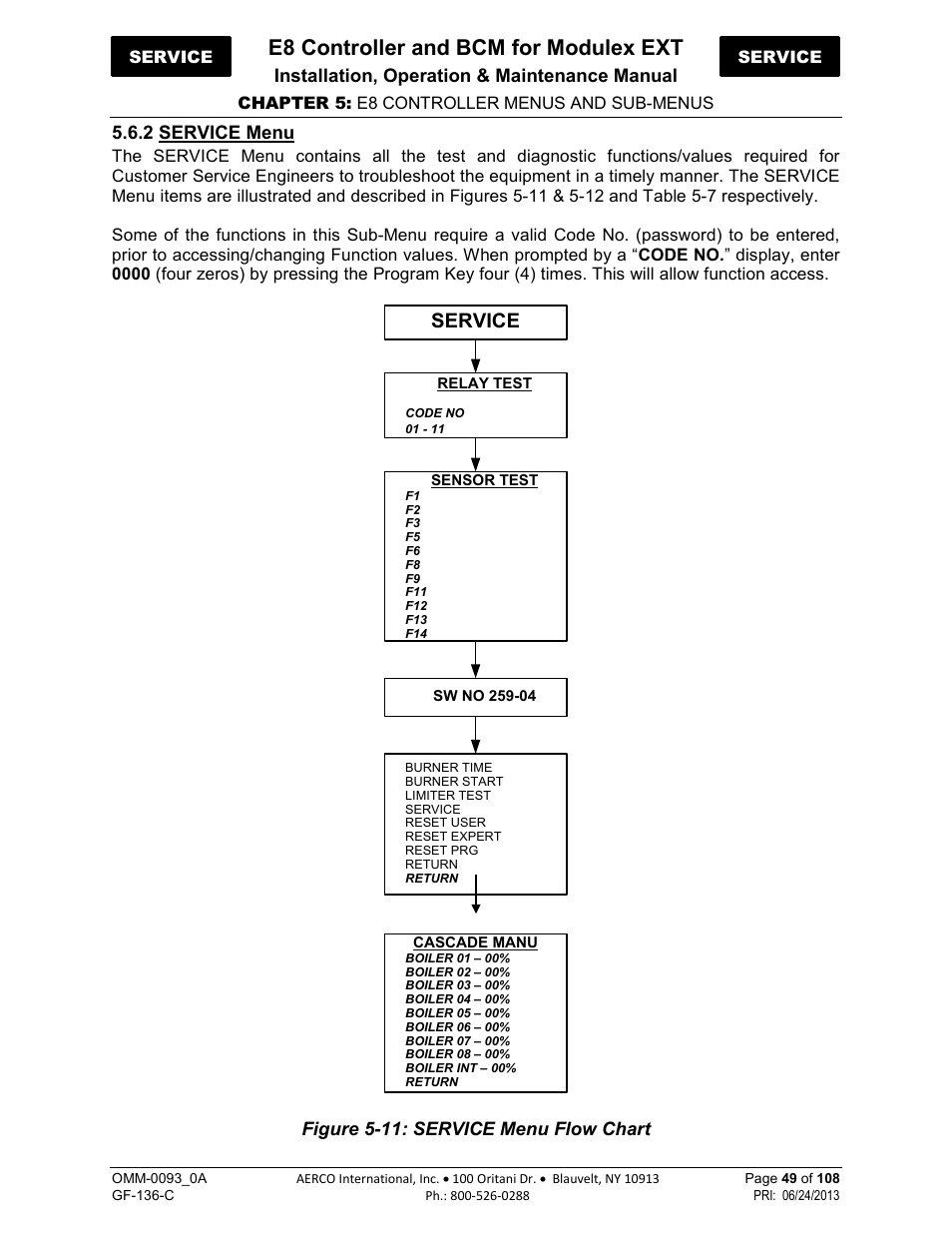 2 service menu, E8 controller and bcm for modulex ext, Service | Installation, operation & maintenance manual, Figure 5-11: service menu flow chart | AERCO Modulex E8 Controller (and BCM) For Modulex EXT Boilers User Manual | Page 49 / 108