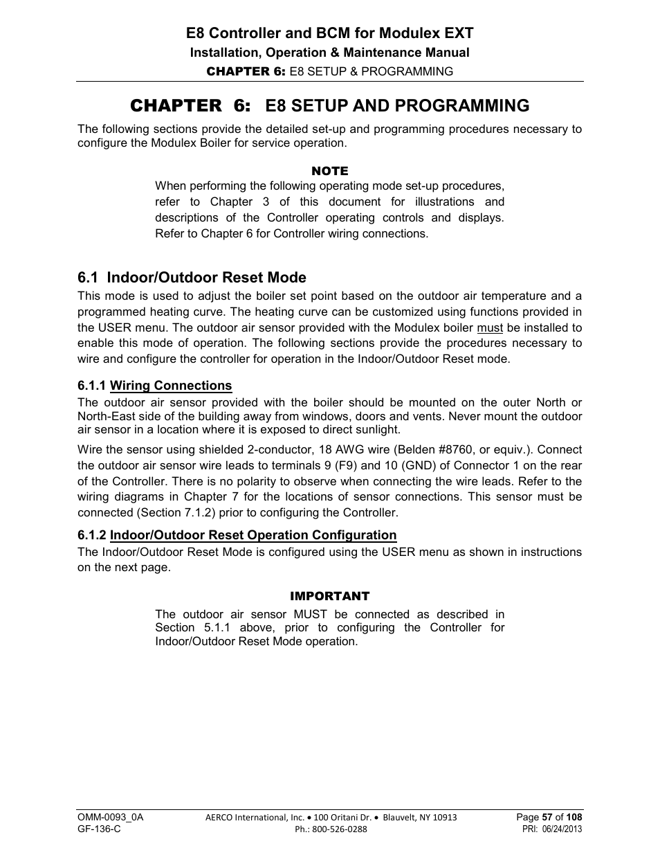 Chapter 6: e8 setup and programming, 1 indoor/outdoor reset mode, 1 wiring connections | 2 indoor/outdoor reset operation configuration, E8 controller and bcm for modulex ext | AERCO Modulex E8 Controller (and BCM) For Modulex EXT Boilers User Manual | Page 57 / 108