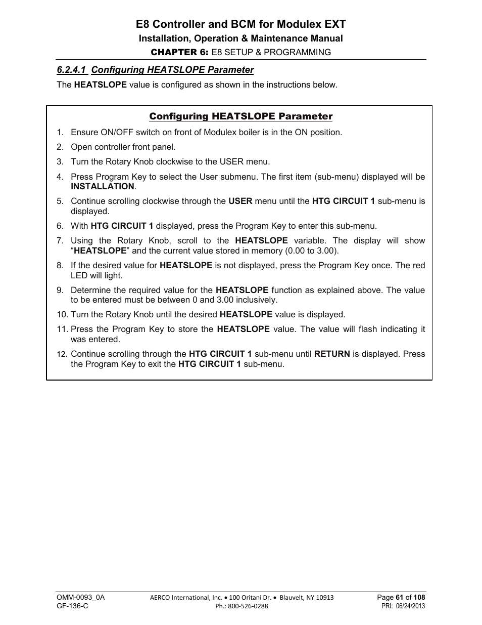 1 configuring heatslope parameter, E8 controller and bcm for modulex ext | AERCO Modulex E8 Controller (and BCM) For Modulex EXT Boilers User Manual | Page 61 / 108