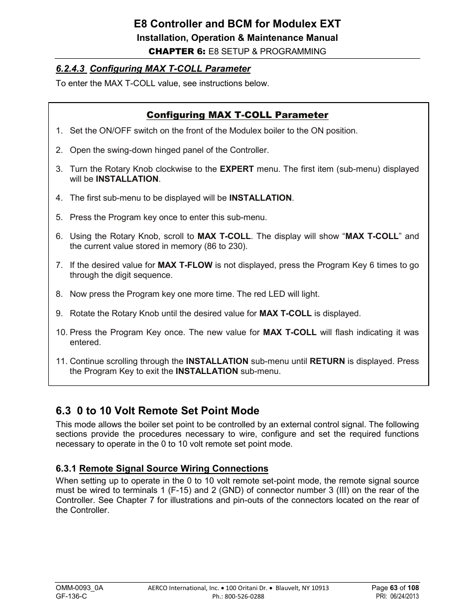 3 configuring max t-coll parameter, 3 0 to 10 volt remote set point mode, 1 remote signal source wiring connections | E8 controller and bcm for modulex ext | AERCO Modulex E8 Controller (and BCM) For Modulex EXT Boilers User Manual | Page 63 / 108