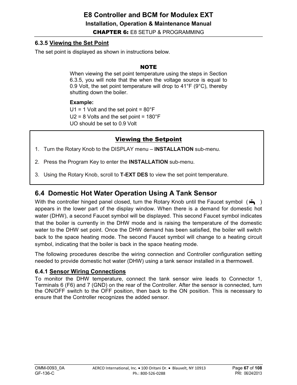 5 viewing the set point, 4 domestic hot water operation using a tank sensor, 1 sensor wiring connections | E8 controller and bcm for modulex ext | AERCO Modulex E8 Controller (and BCM) For Modulex EXT Boilers User Manual | Page 67 / 108