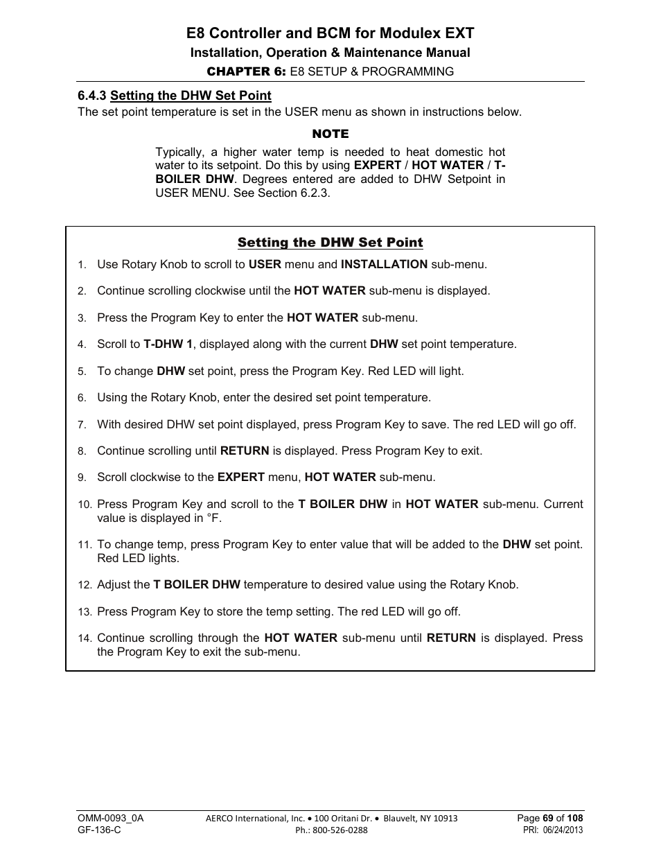 3 setting the dhw set point, E8 controller and bcm for modulex ext | AERCO Modulex E8 Controller (and BCM) For Modulex EXT Boilers User Manual | Page 69 / 108