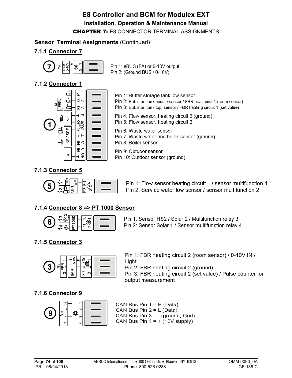 1 connector 7, 2 connector 1, 3 connector 5 | 4 connector 8 => pt 1000 sensor, 5 connector 3, 6 connector 9, E8 controller and bcm for modulex ext | AERCO Modulex E8 Controller (and BCM) For Modulex EXT Boilers User Manual | Page 74 / 108