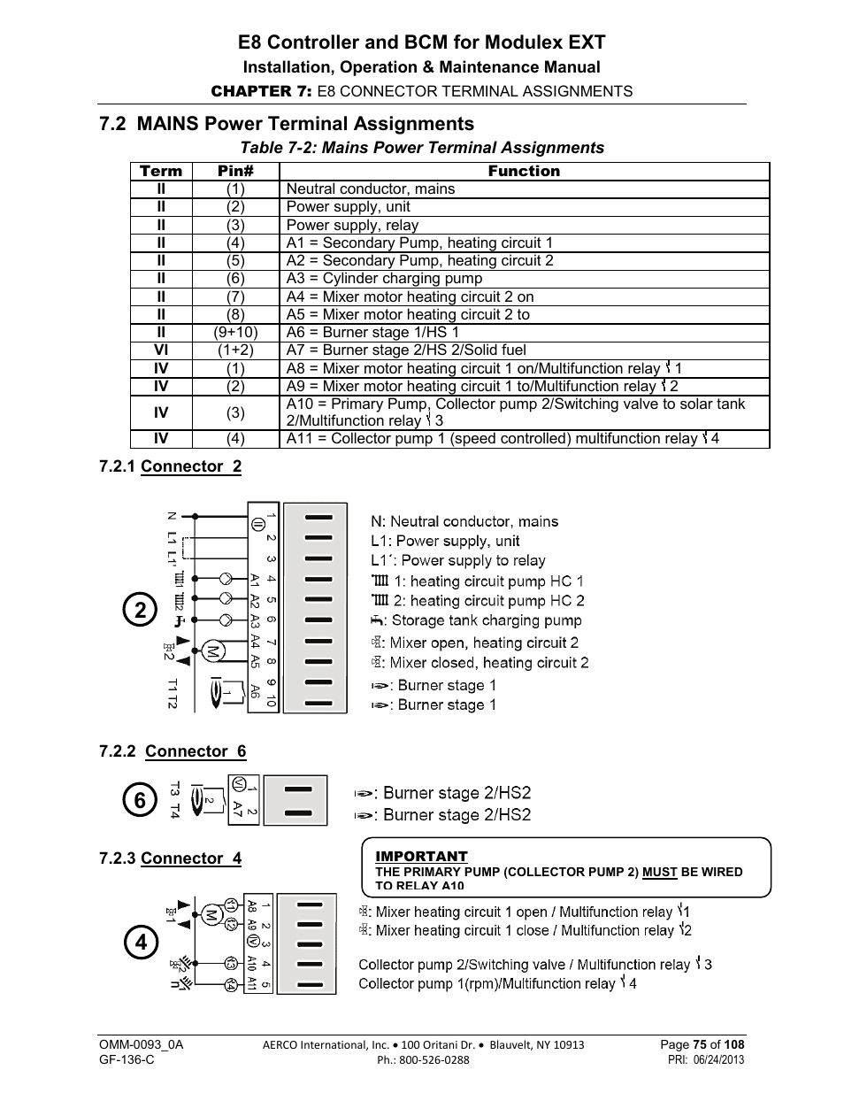 2 mains power terminal assignments, 1 connector 2, 2 connector 6 | 3 connector 4, E8 controller and bcm for modulex ext | AERCO Modulex E8 Controller (and BCM) For Modulex EXT Boilers User Manual | Page 75 / 108