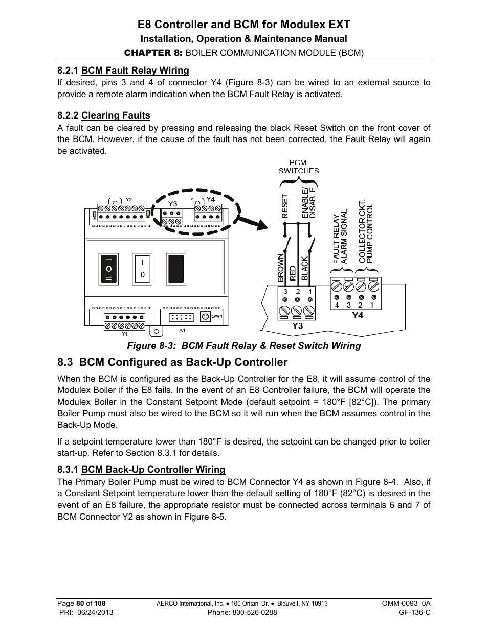 1 bcm fault relay wiring, 2 clearing faults, 3 bcm configured as back-up controller | 1 bcm back-up controller wiring, E8 controller and bcm for modulex ext | AERCO Modulex E8 Controller (and BCM) For Modulex EXT Boilers User Manual | Page 80 / 108