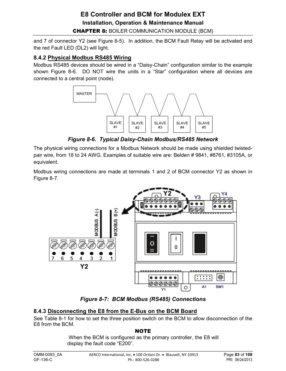 2 physical modbus rs485 wiring, E8 controller and bcm for modulex ext | AERCO Modulex E8 Controller (and BCM) For Modulex EXT Boilers User Manual | Page 83 / 108