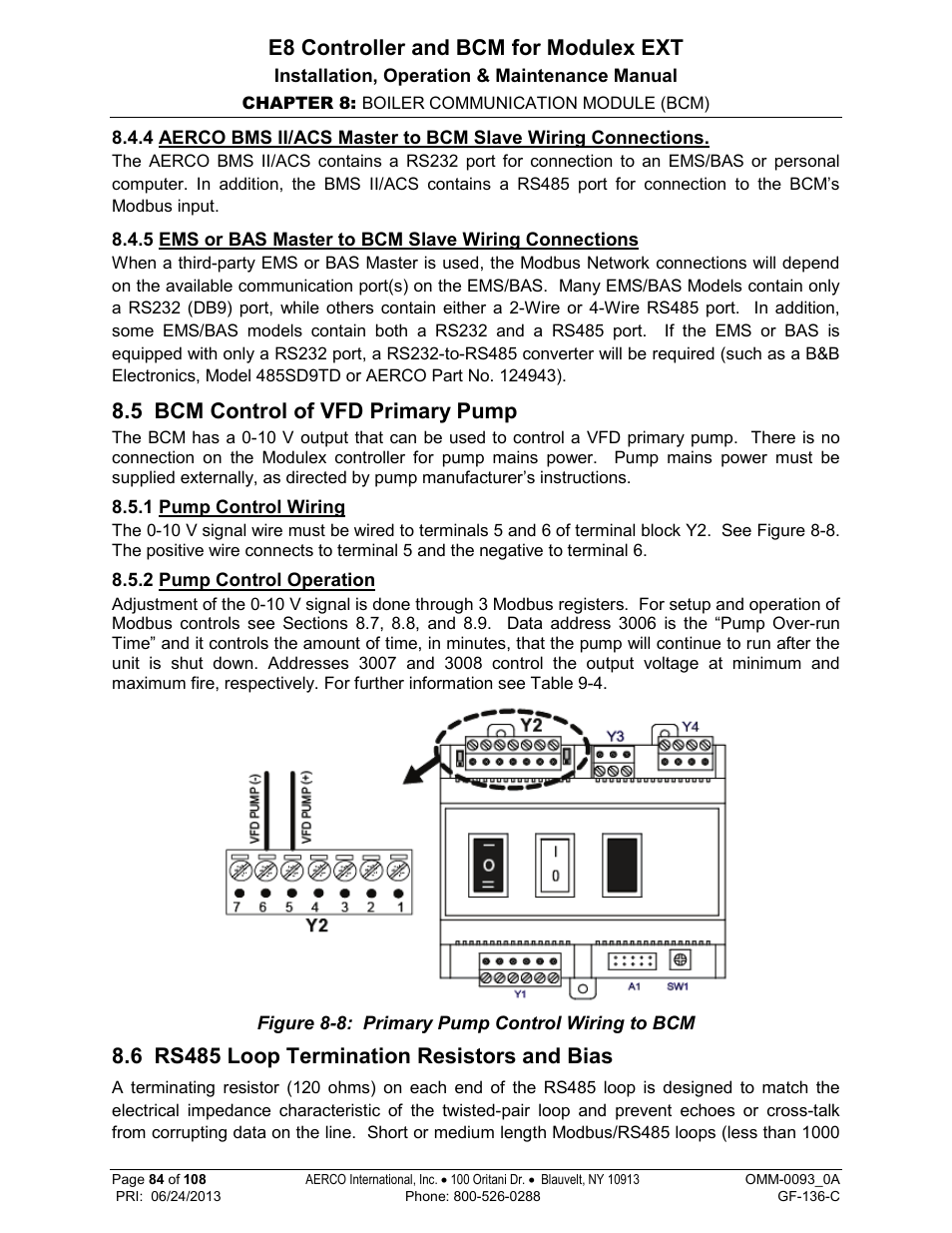 5 bcm control of vfd primary pump, 1 pump control wiring, 2 pump control operation | 6 rs485 loop termination resistors and bias, E8 controller and bcm for modulex ext | AERCO Modulex E8 Controller (and BCM) For Modulex EXT Boilers User Manual | Page 84 / 108