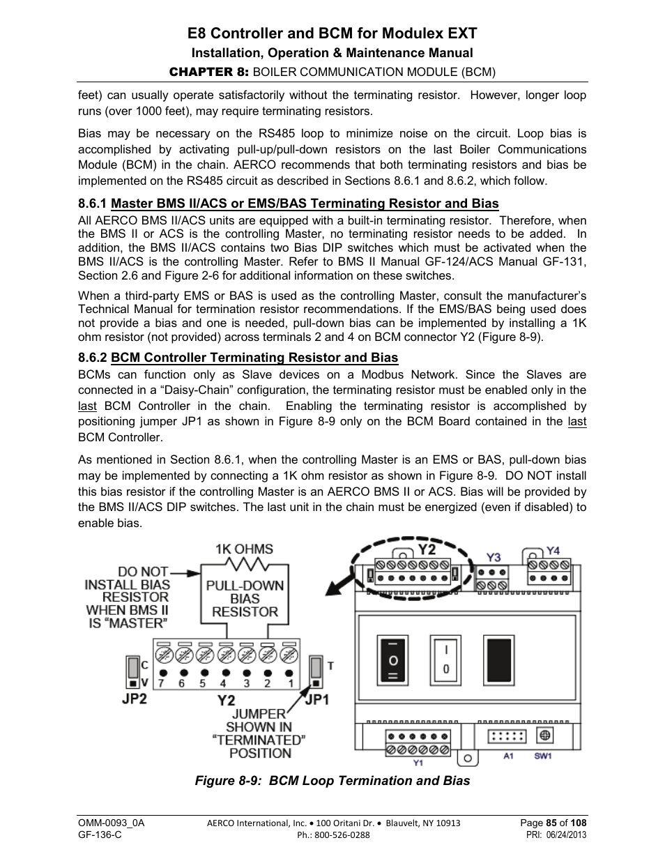 2 bcm controller terminating resistor and bias, E8 controller and bcm for modulex ext | AERCO Modulex E8 Controller (and BCM) For Modulex EXT Boilers User Manual | Page 85 / 108