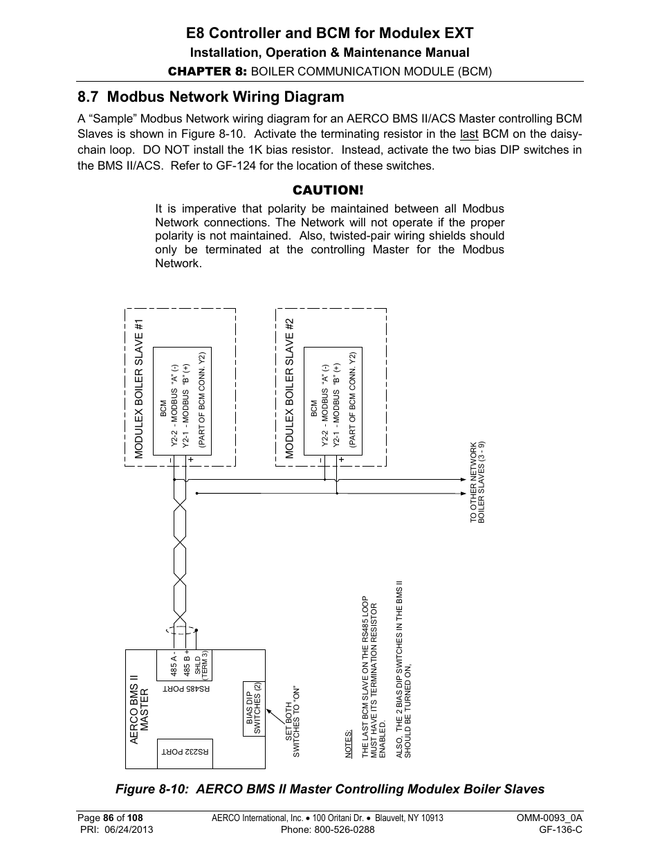 7 modbus network wiring diagram, E8 controller and bcm for modulex ext, Installation, operation & maintenance manual | Caution, Chapter 8: boiler communication module (bcm) | AERCO Modulex E8 Controller (and BCM) For Modulex EXT Boilers User Manual | Page 86 / 108