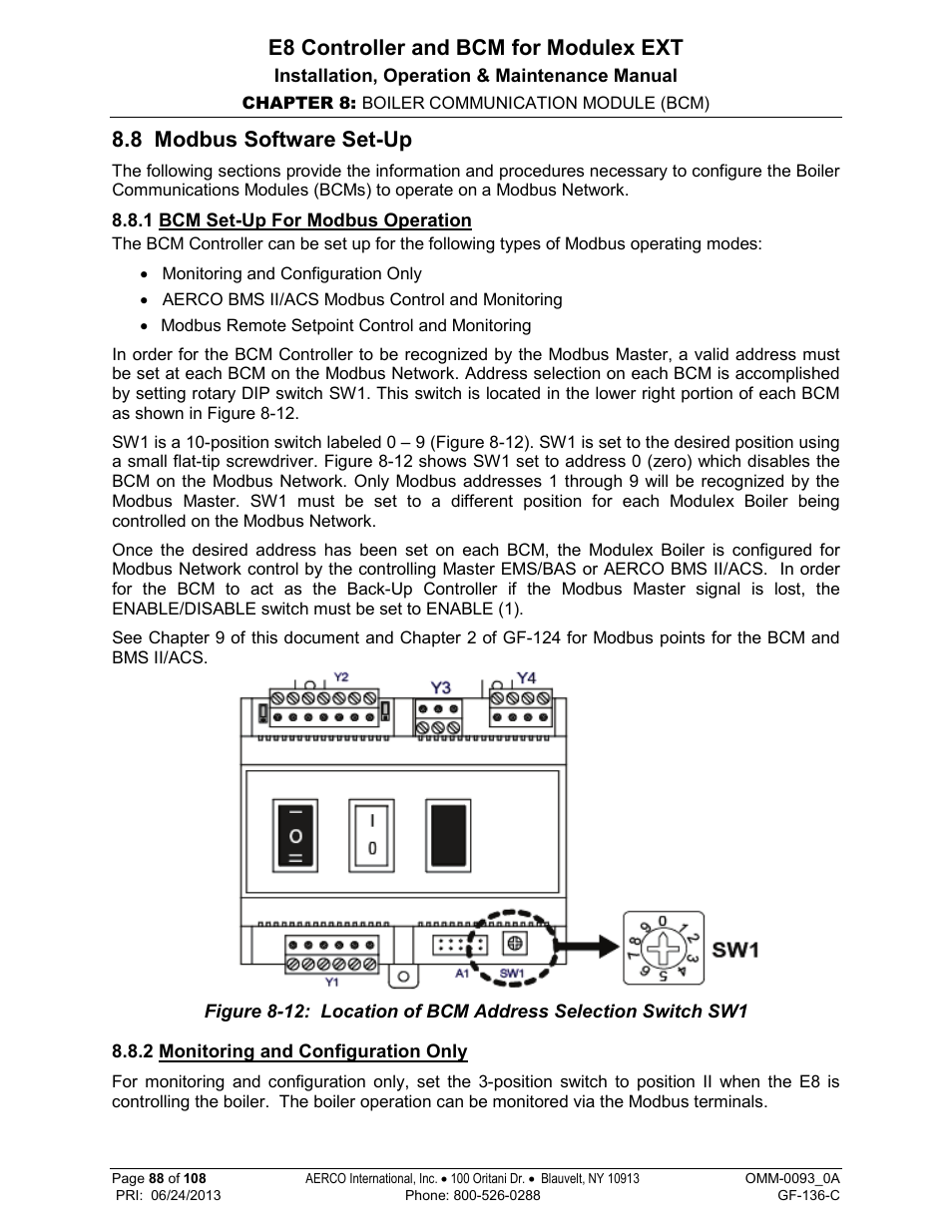 8 modbus software set-up, 1 bcm set-up for modbus operation, 2 monitoring and configuration only | E8 controller and bcm for modulex ext | AERCO Modulex E8 Controller (and BCM) For Modulex EXT Boilers User Manual | Page 88 / 108