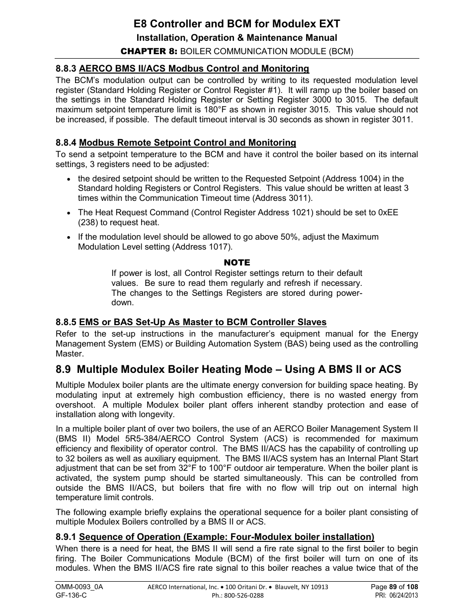 3 aerco bms ii/acs modbus control and monitoring, 4 modbus remote setpoint control and monitoring, E8 controller and bcm for modulex ext | AERCO Modulex E8 Controller (and BCM) For Modulex EXT Boilers User Manual | Page 89 / 108
