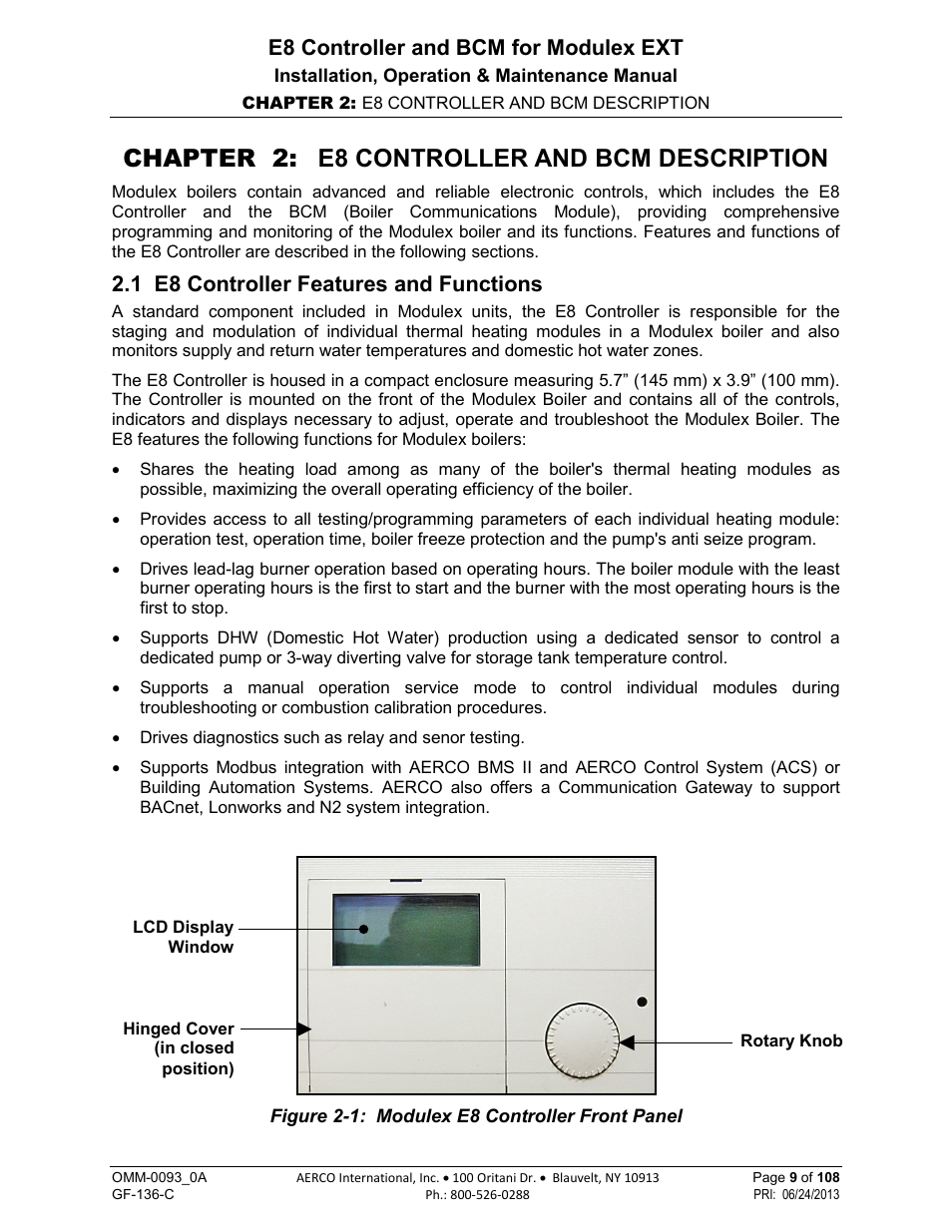 Chapter 2: e8 controller and bcm description, 1 e8 controller features and functions, E8 controller and bcm for modulex ext | AERCO Modulex E8 Controller (and BCM) For Modulex EXT Boilers User Manual | Page 9 / 108
