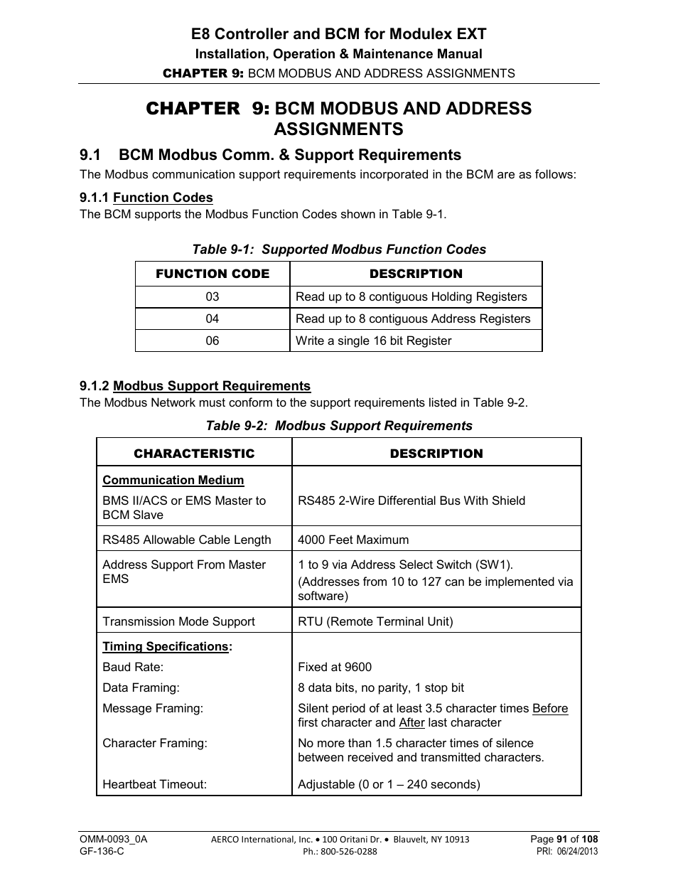 Chapter 9: bcm modbus and address assignments, 1 bcm modbus comm. & support requirements, 1 function codes | 2 modbus support requirements, E8 controller and bcm for modulex ext | AERCO Modulex E8 Controller (and BCM) For Modulex EXT Boilers User Manual | Page 91 / 108