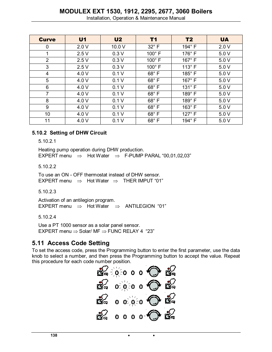 2 setting of dhw circuit, 1 operation of pumps in parallel, 2 use of a dhw storage tank thermostat (on/off) | 3 antilegion, 4 setting for solar panel use, 11 access code setting, Modulex ext | AERCO Modulex EXT 1530 - 3060 User Manual | Page 102 / 138