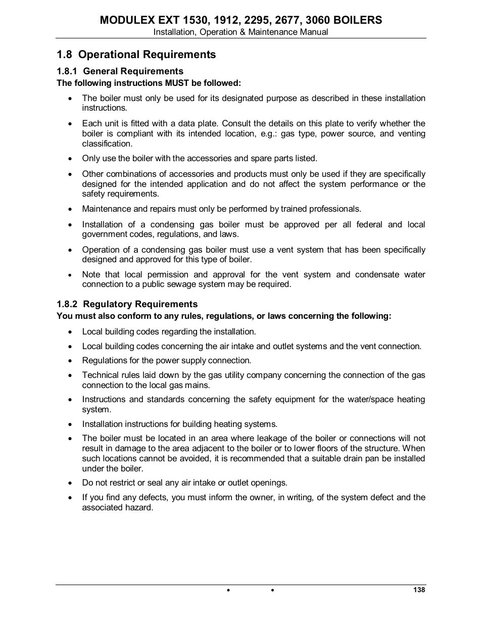 8 operational requirements, 1 general requirements, 2 regulatory requirements | Modulex ext | AERCO Modulex EXT 1530 - 3060 User Manual | Page 11 / 138