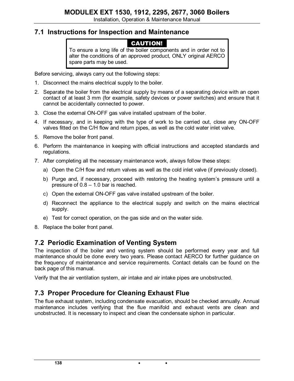 1 instructions for inspection and maintenance, 2 periodic examination of venting system, 3 proper procedure for cleaning exhaust flue | Modulex ext | AERCO Modulex EXT 1530 - 3060 User Manual | Page 114 / 138