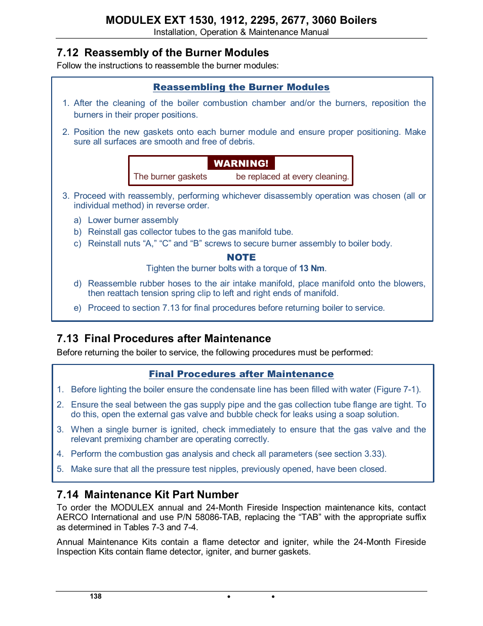 12 reassembly of the burner modules, 13 final procedures after maintenance, 14 maintenance kit part number | Modulex ext | AERCO Modulex EXT 1530 - 3060 User Manual | Page 126 / 138