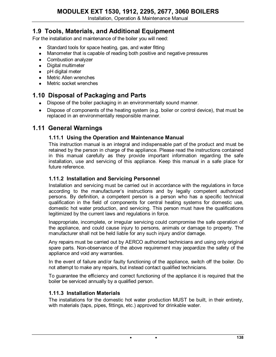 9 tools, materials, and additional equipment, 10 disposal of packaging and parts, 11 general warnings | 1 using the operation and maintenance manual, 2 installation and servicing personnel, 3 installation materials, Modulex ext | AERCO Modulex EXT 1530 - 3060 User Manual | Page 13 / 138