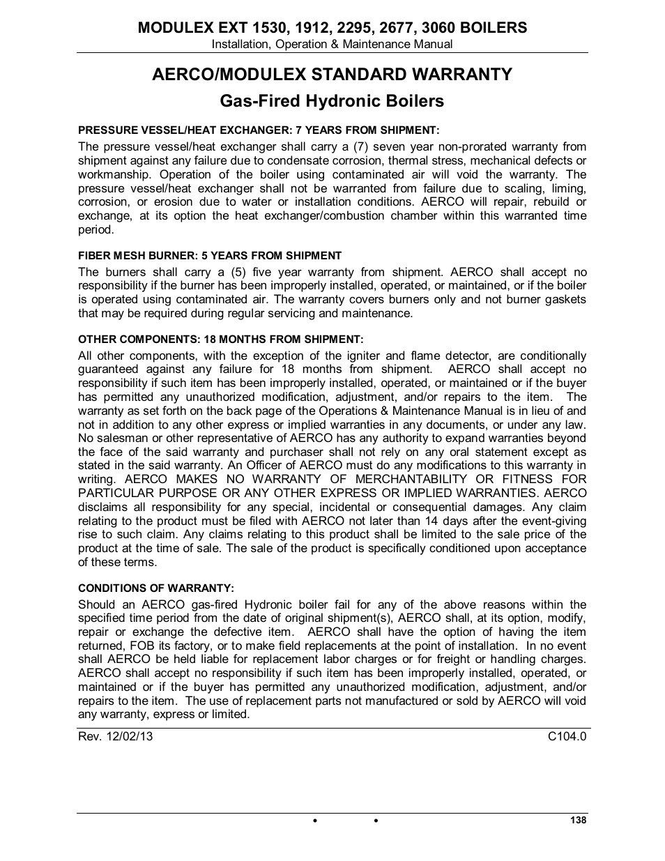 Aerco/modulex standard warranty, Modulex ext | AERCO Modulex EXT 1530 - 3060 User Manual | Page 137 / 138
