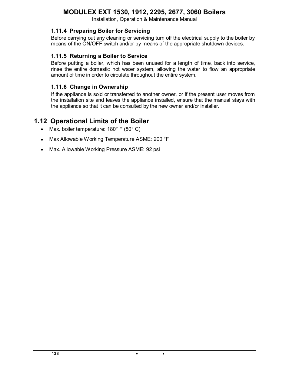 4 preparing boiler for servicing, 5 returning a boiler to service, 6 change in ownership | 12 operational limits of the boiler, Modulex ext | AERCO Modulex EXT 1530 - 3060 User Manual | Page 14 / 138