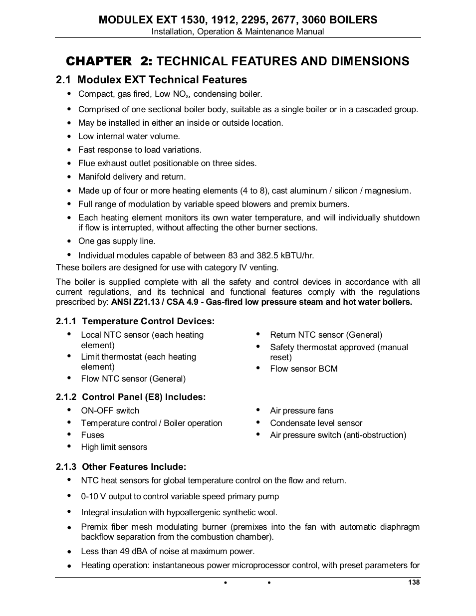 Chapter 2: technical features and dimensions, 1 modulex ext technical features, 1 temperature control devices | 2 control panel (e8) includes, 3 other features include | AERCO Modulex EXT 1530 - 3060 User Manual | Page 15 / 138