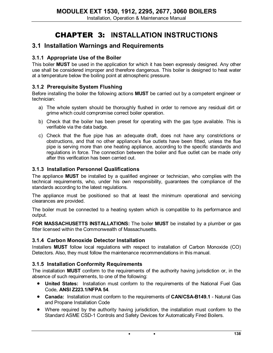 Chapter 3: installation instructions, 1 installation warnings and requirements, 1 appropriate use of the boiler | 2 prerequisite system flushing, 3 installation personnel qualifications, 4 carbon monoxide detector installation, 5 installation conformity requirements, Modulex ext | AERCO Modulex EXT 1530 - 3060 User Manual | Page 21 / 138